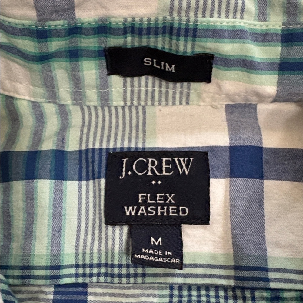 J. CREW FACTORY M Flex Washed Slim Cut blue, green, white button down shirt - Picture 2 of 8
